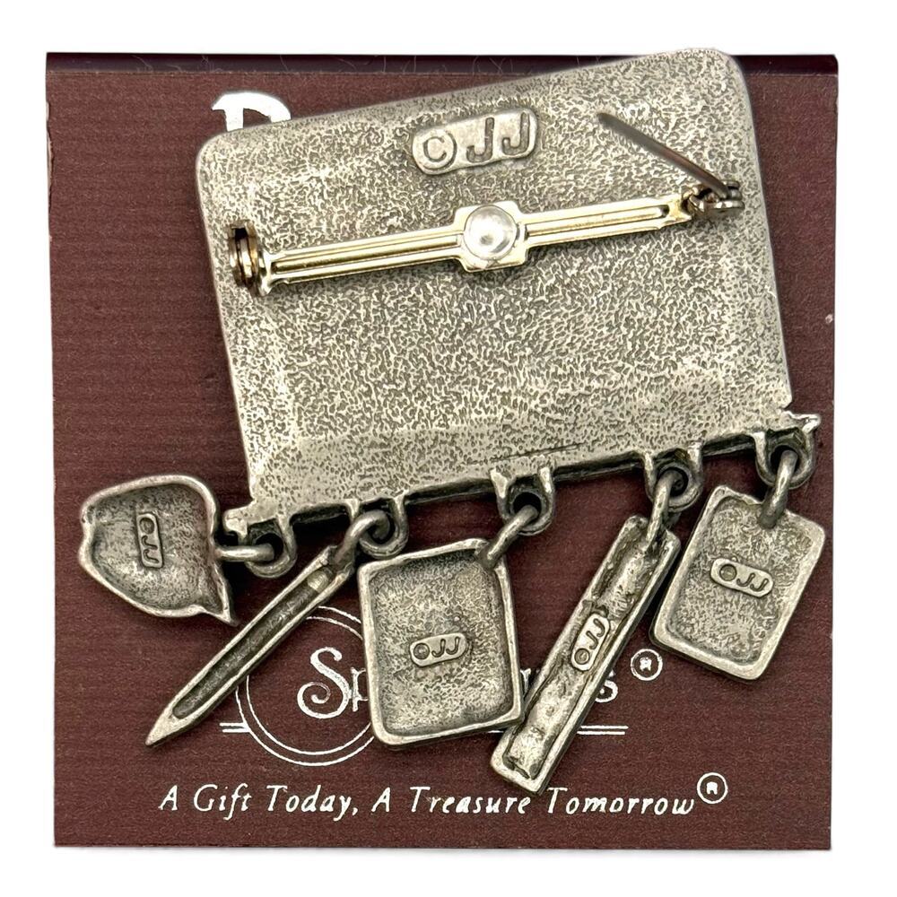 NOS Vintage Teacher JJ Spoontiques Brooch Pin Silver Tone Dangle Charm Math Book - Picture 2 of 4